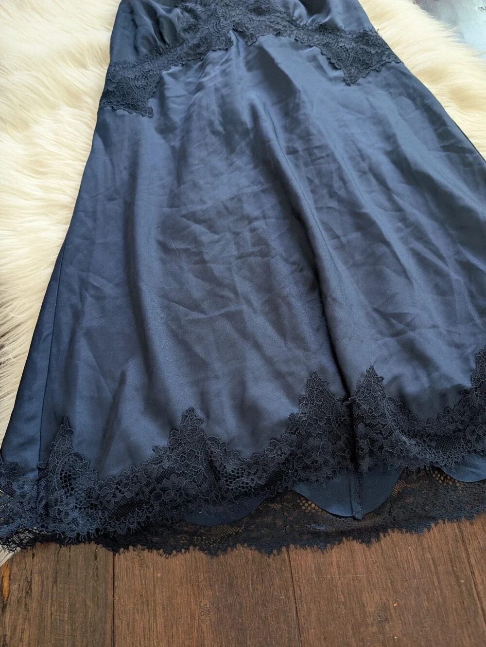 Abercrombie & Fitch Women's Lace Satin Nightie Slip Dress Chemise Nightgown Navy